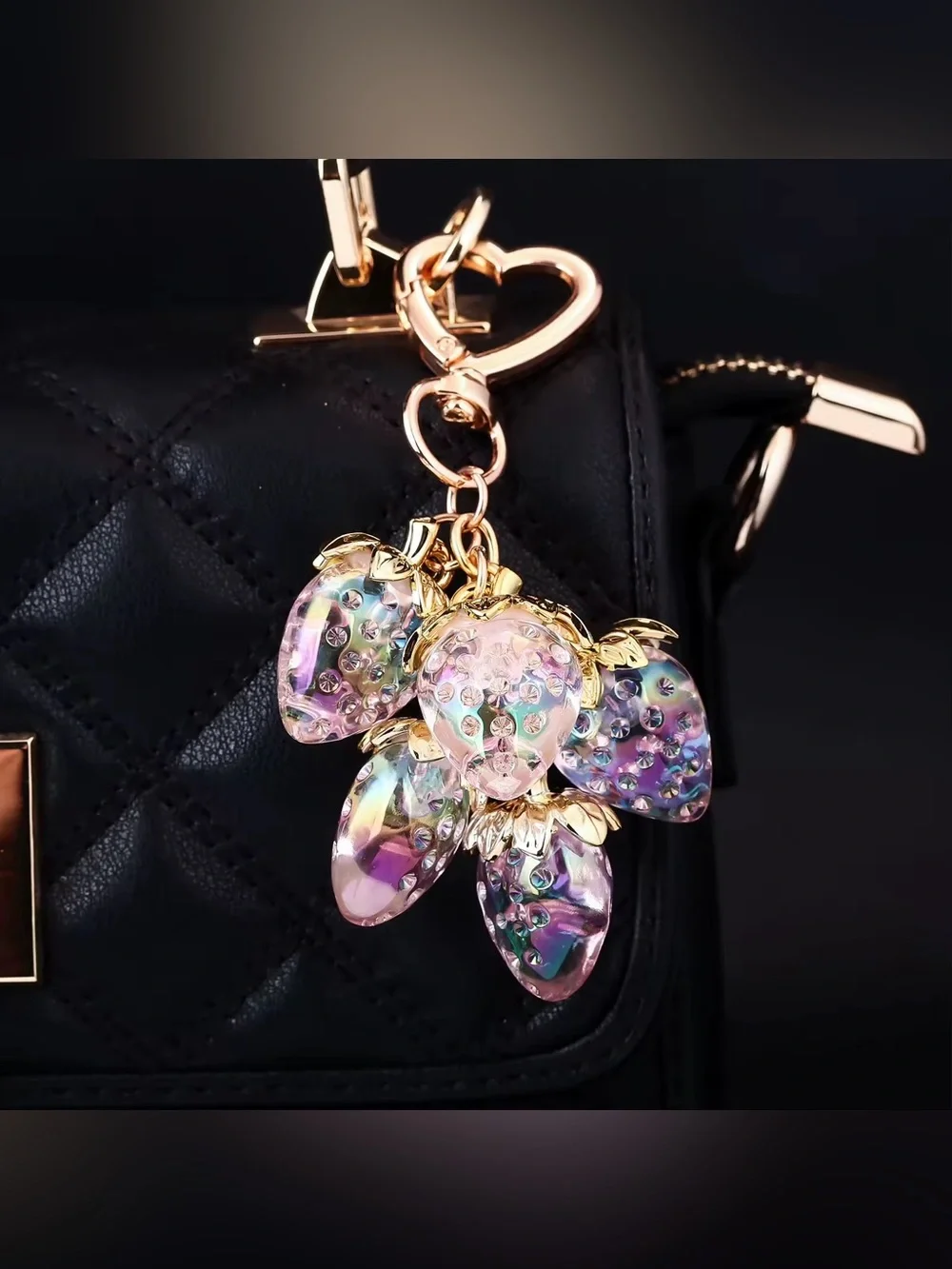 Gold Heart Strawberry Charm Keychain - Red
